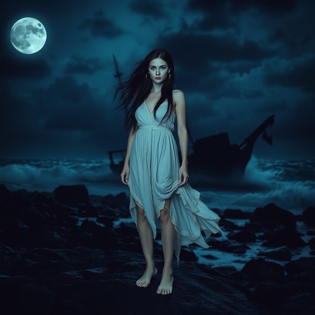 Gothic Moonlight: Woman and Shipwreck on Stormy Shore