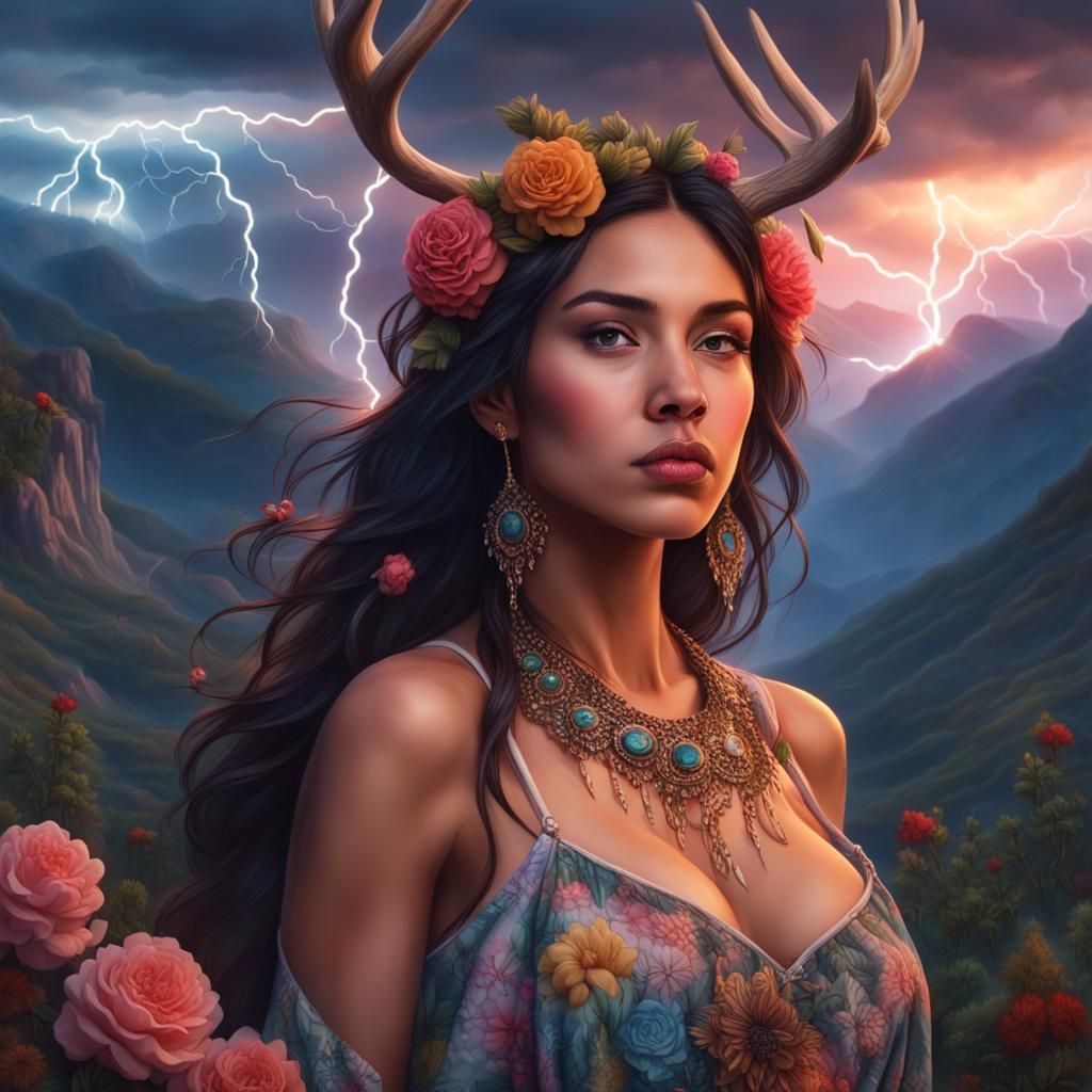 Magical Mexican Girl Portrait in Stormy Mountains