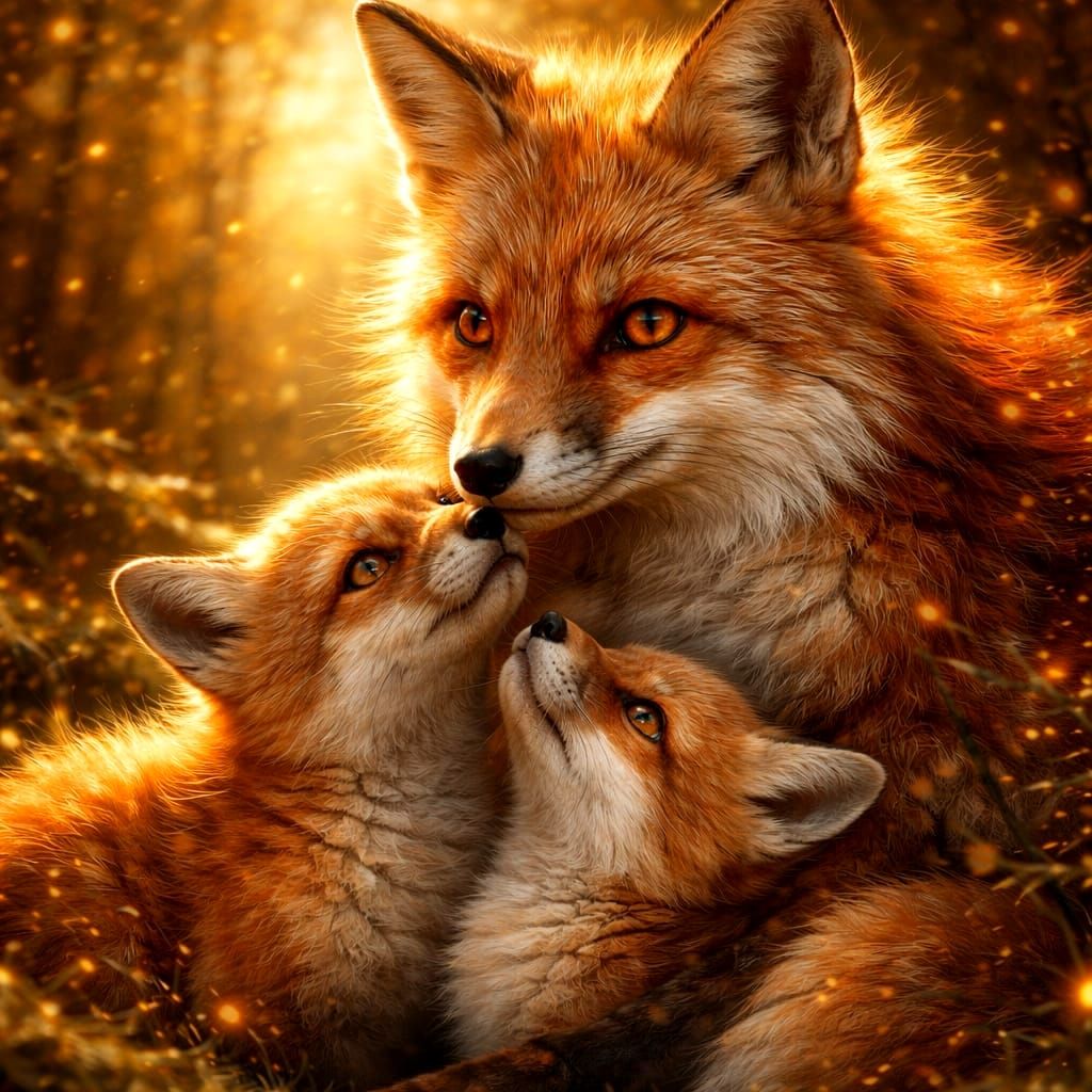 Fox Mother and Cub in Golden Forest