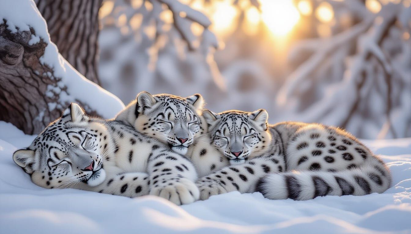 Three Adorable Snow Leopards Sleeping in a Snowy Forest at S...