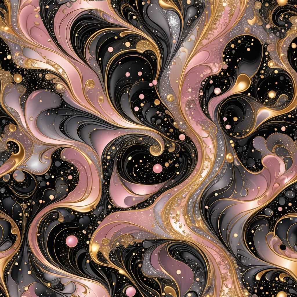 Sparkling Abstract Fractal Art in Black, Gold, and Silver