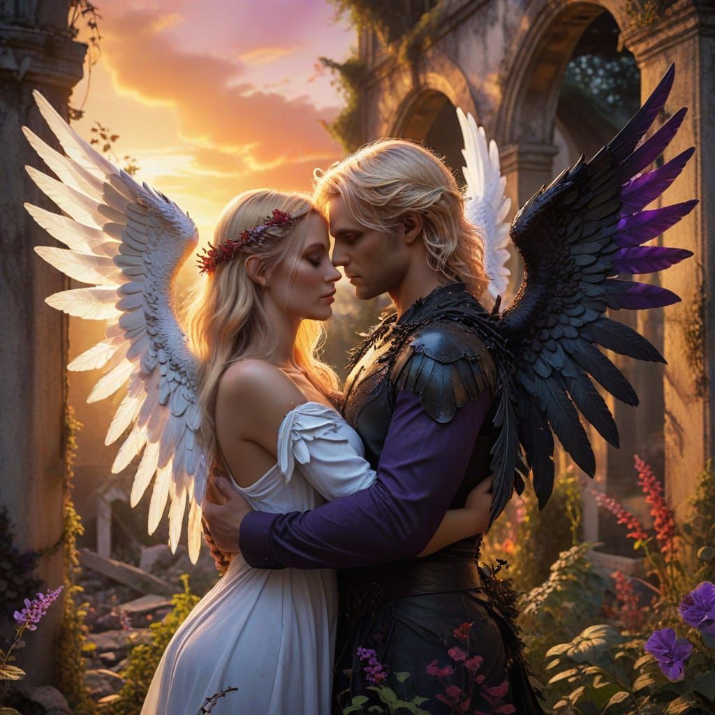 Angel and Demon Embrace at Colorful Sunset