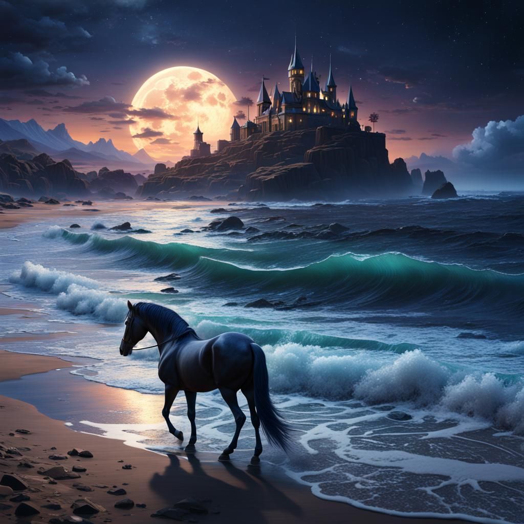 Art Nouveau Horse Seascape at Midnight