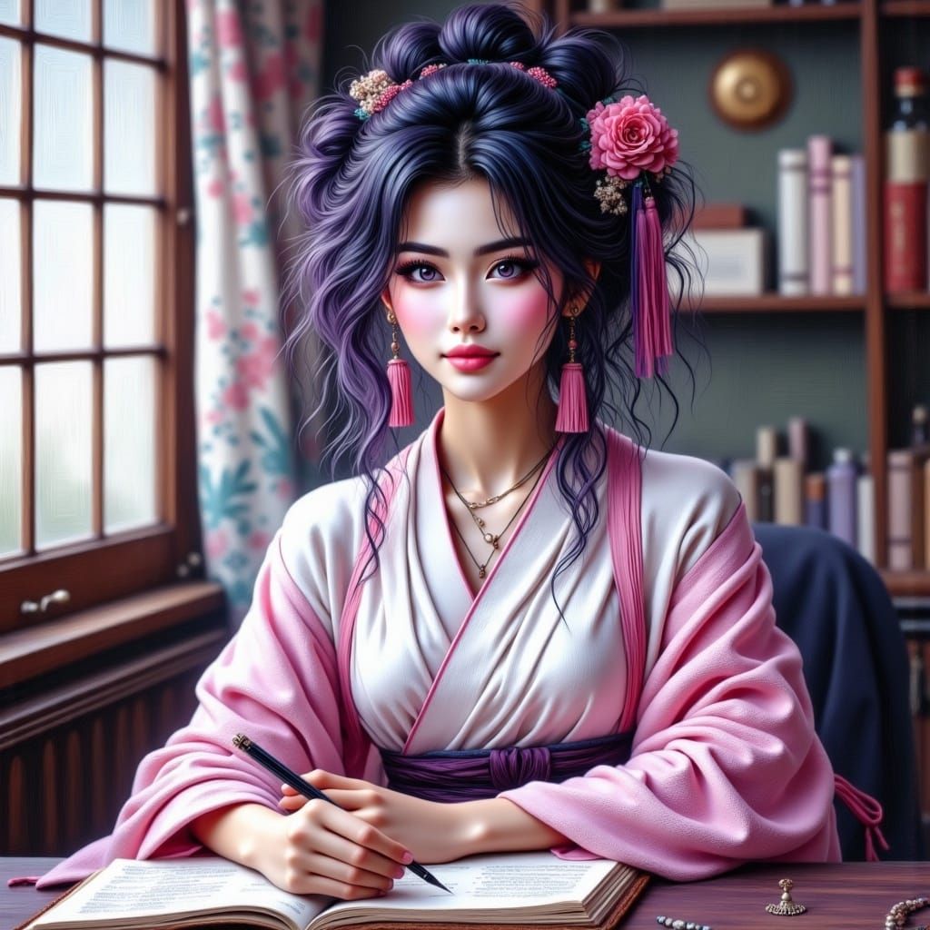 Anime-Style Portrait of a Woman in Kimono