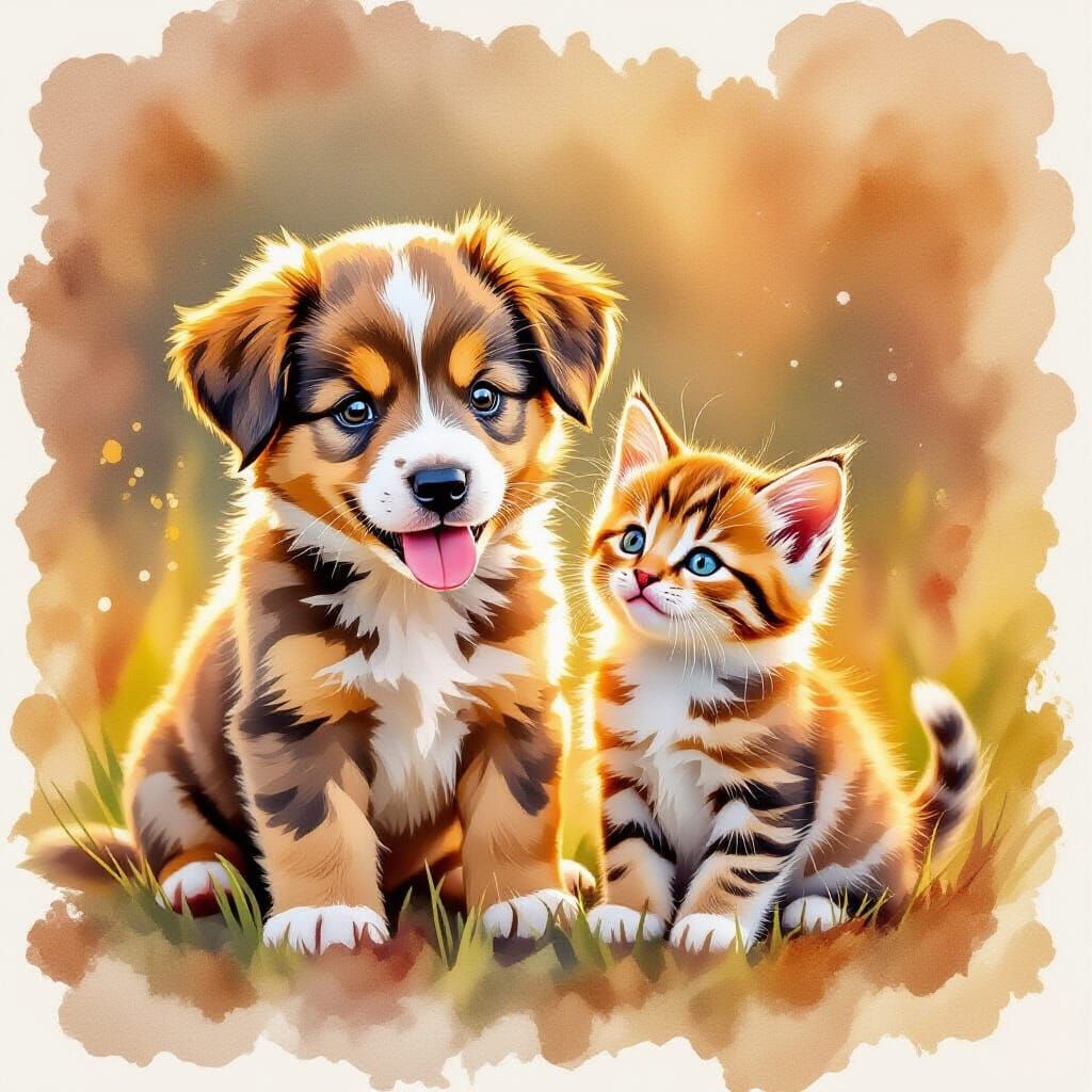 Playful Puppy and Kitten Watercolor Splash