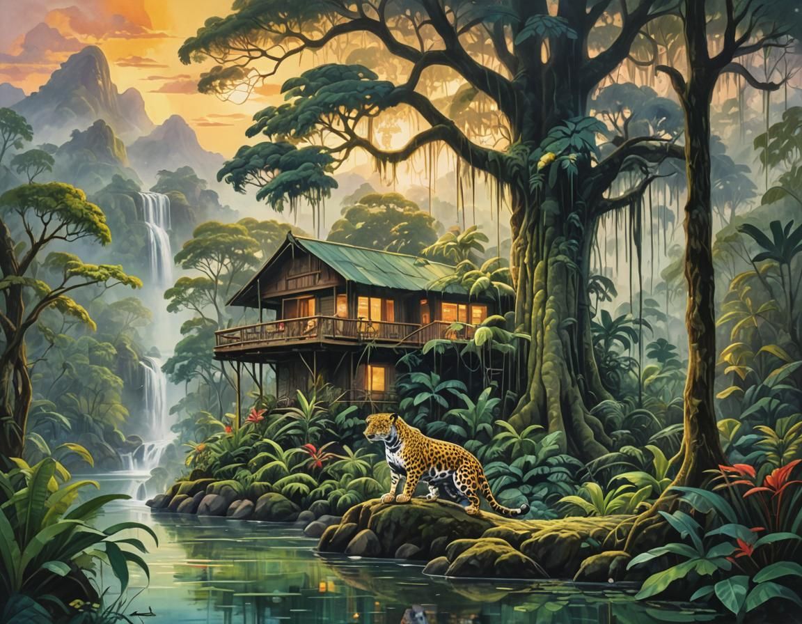 Lush Rainforest Scene with Jaguar Family, Gouache Style