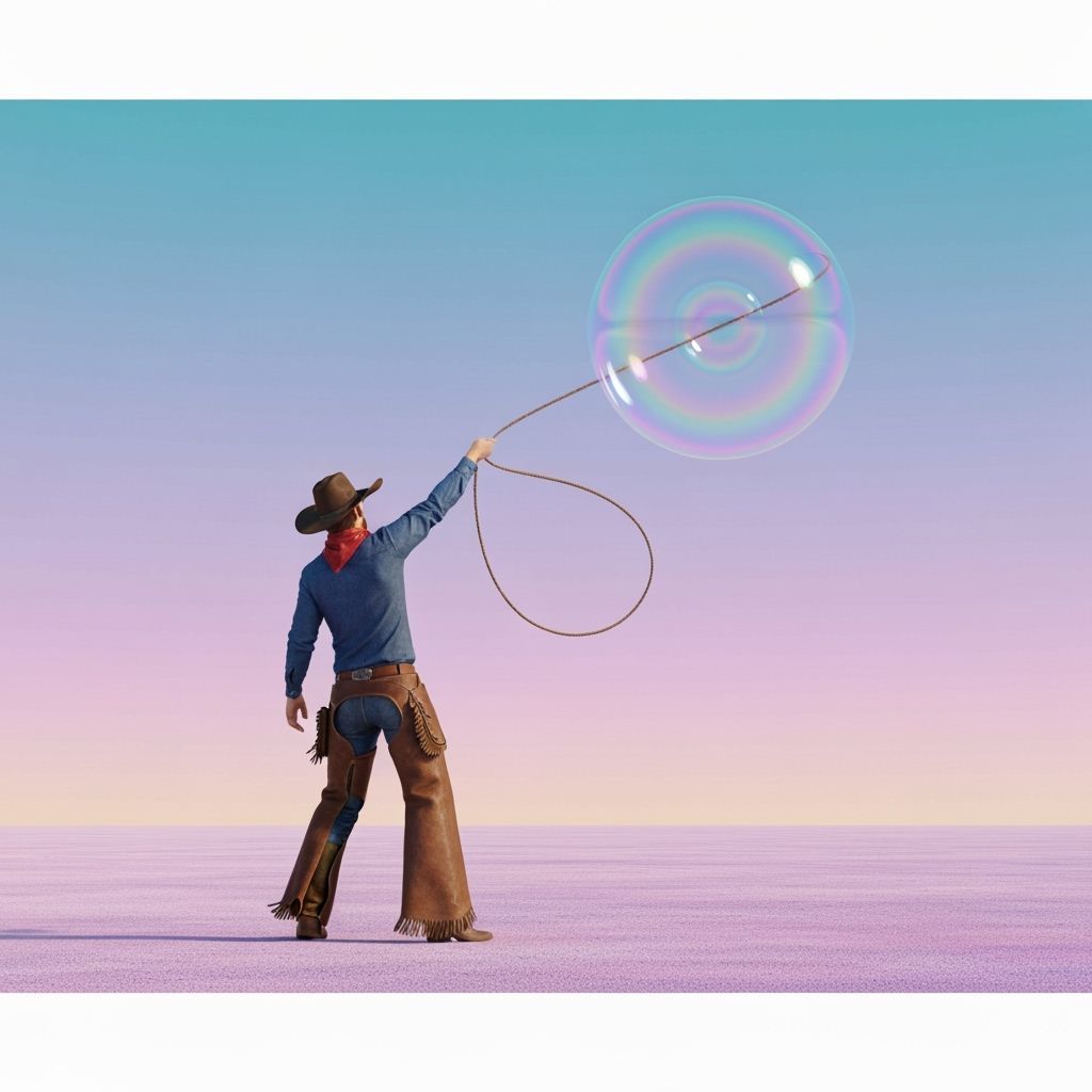 Cowboy Lassoing Iridescent Bubble in Dreamscape