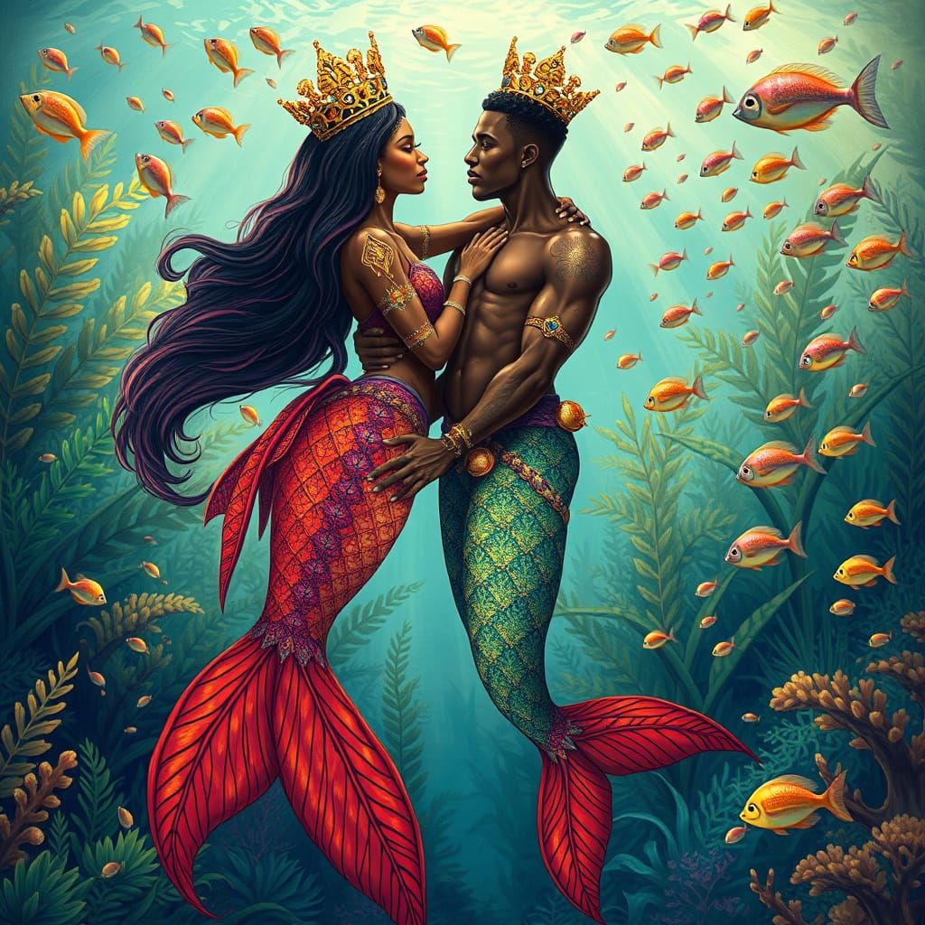 Regal Mermaid and Merman in Vibrant Underwater Paradise