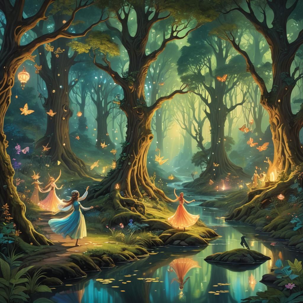 Glowing Forest Scene with Whimsical Creatures
