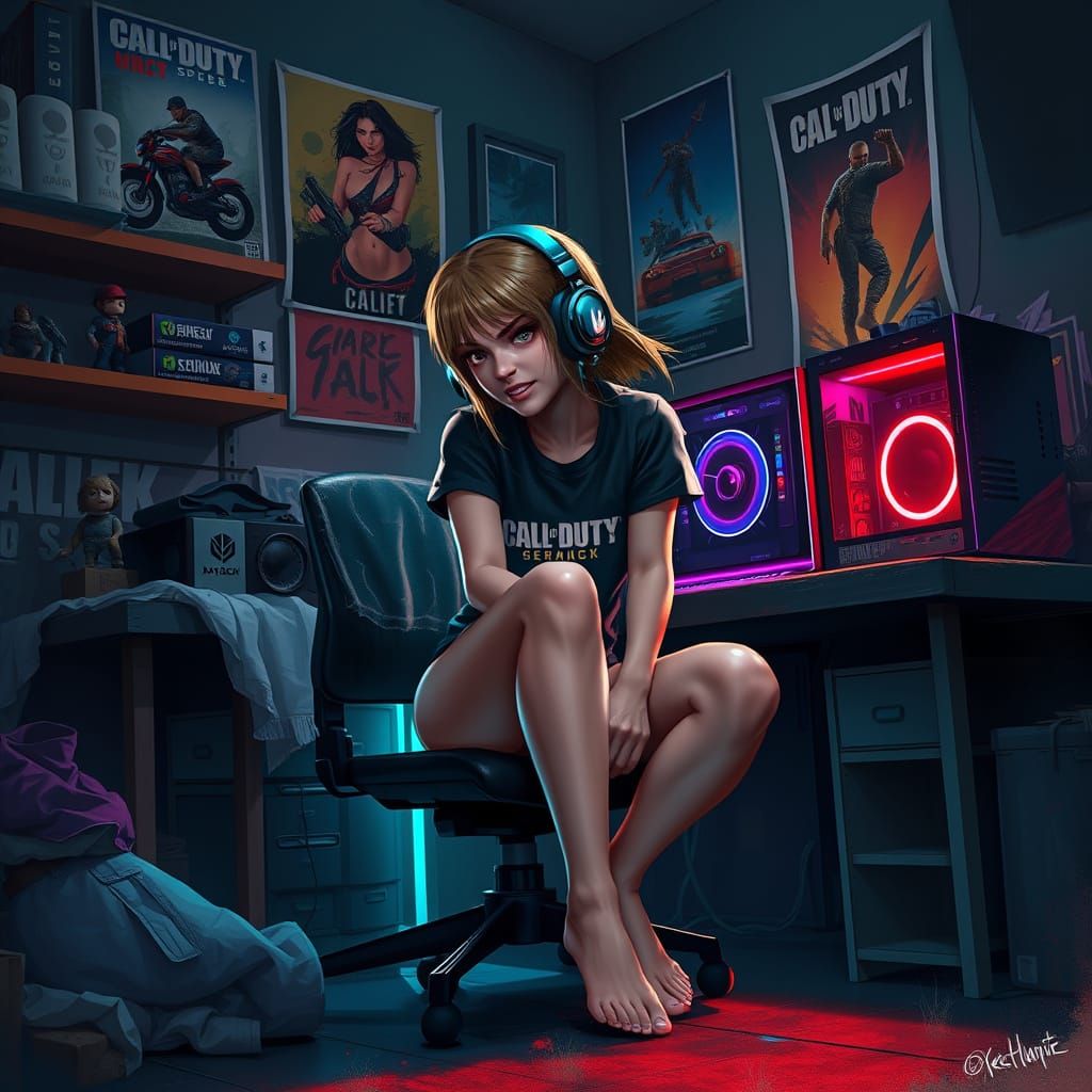 Cyberpunk Gamer Girl in Darkened Gaming Lair