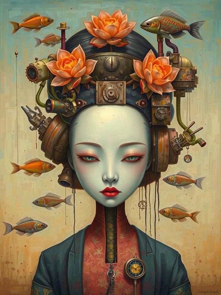 Steampunk Robot Geisha Meditating in Surreal Oil Painting