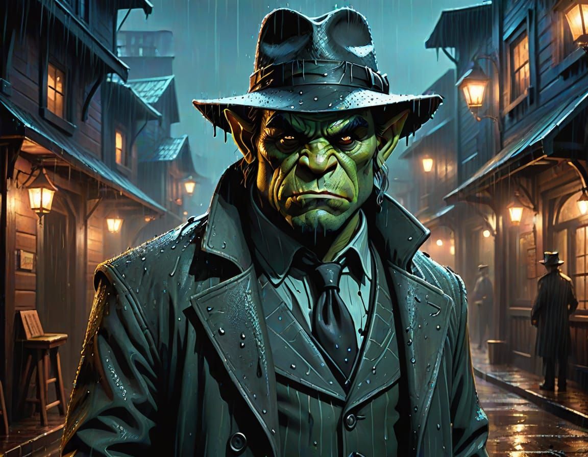 Orc Detective in Rainy Alley: a Noir Digital Painting