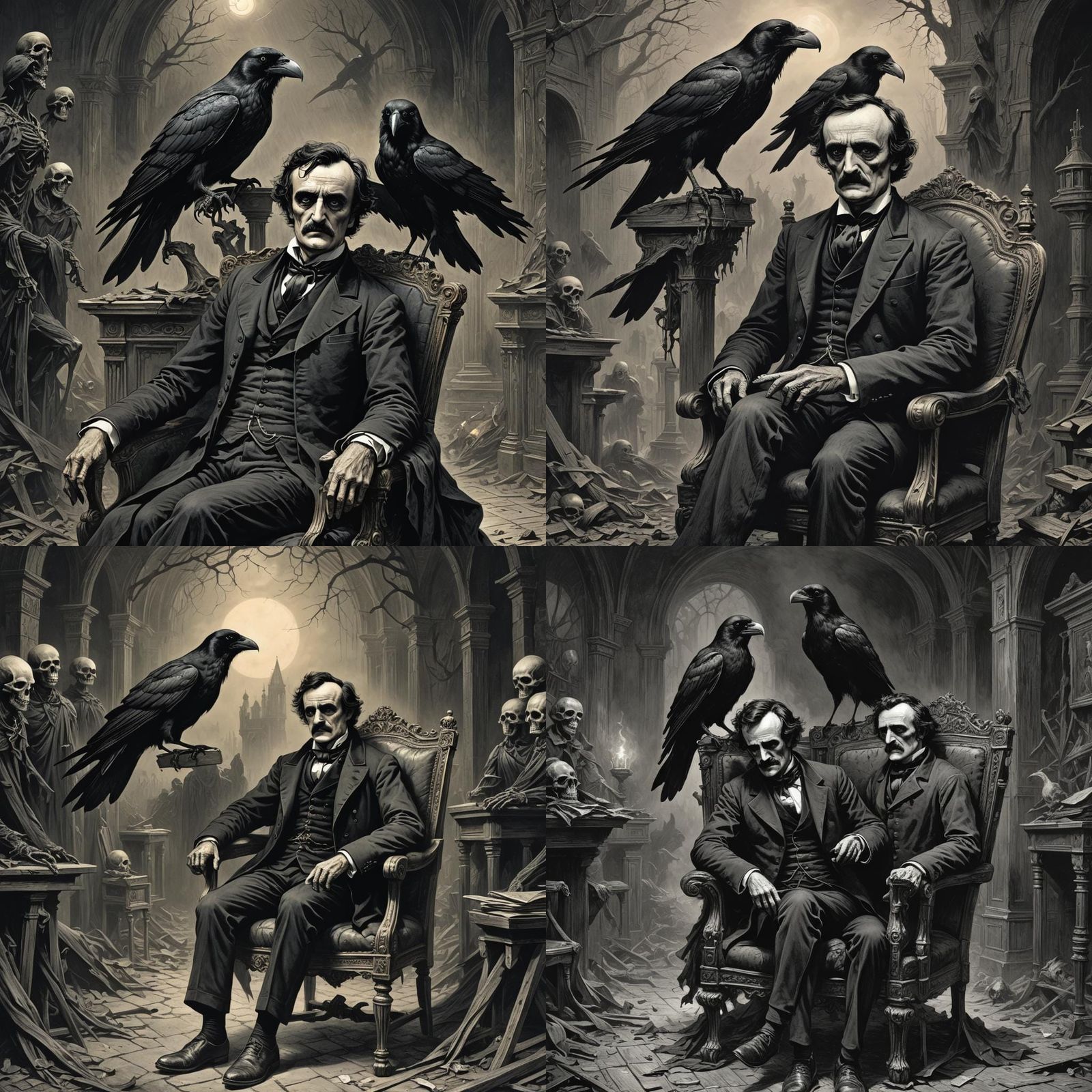 Undead Edgar Allan Poe with Raven: Horror Art