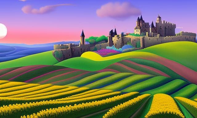 Surreal Castle Landscape with Corkscrew Flowers