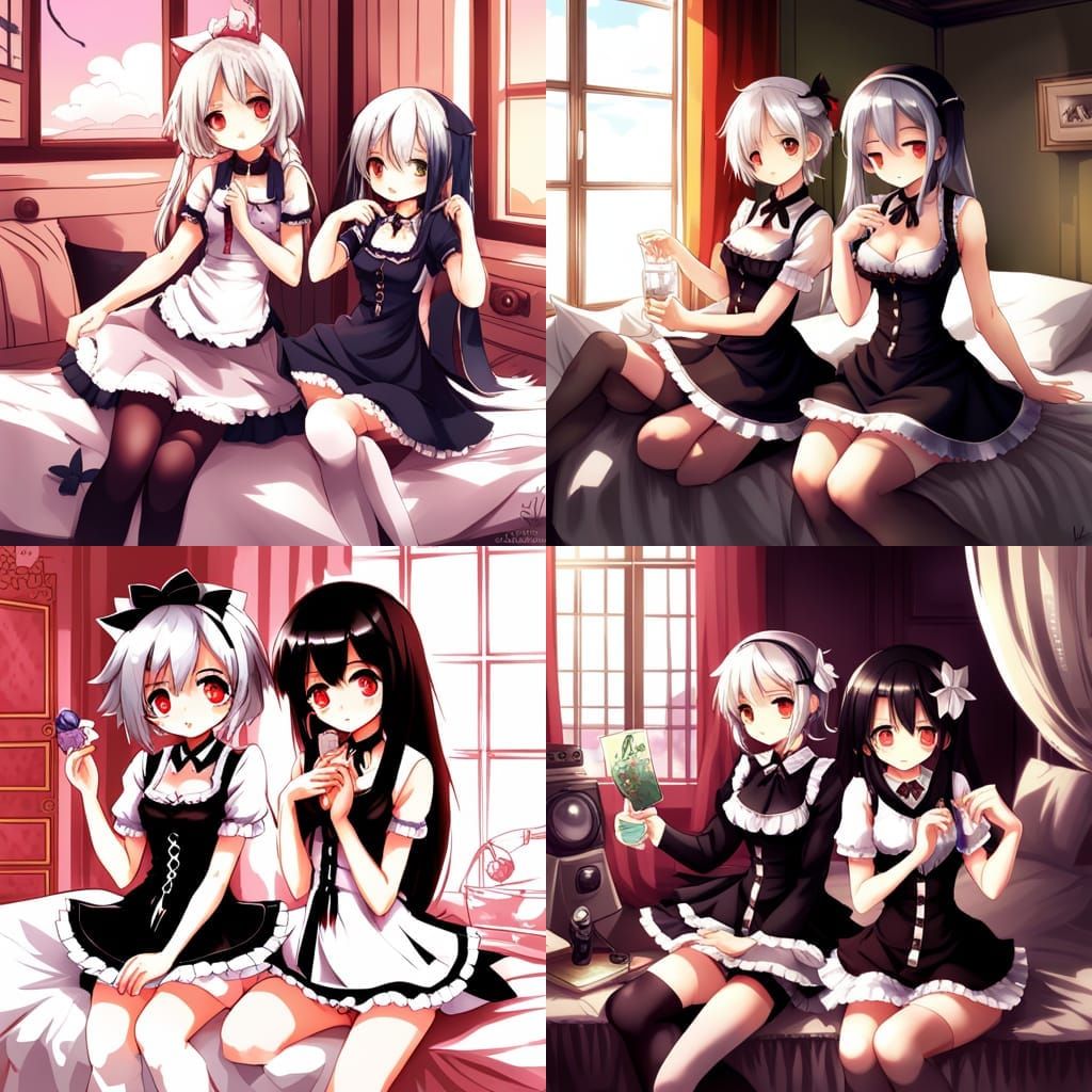Cute Anime Maid Girls on Bed, Manga Style