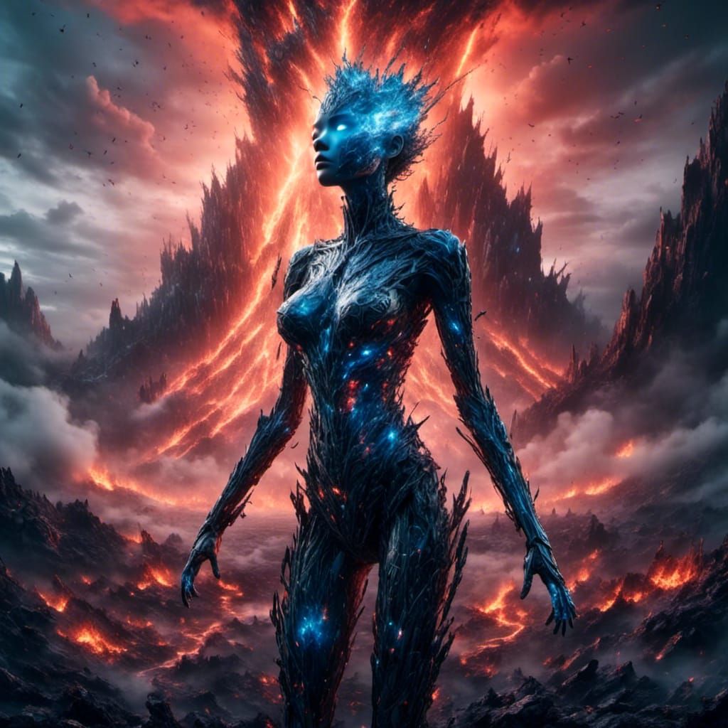 Asian Android Rising Before Volcano