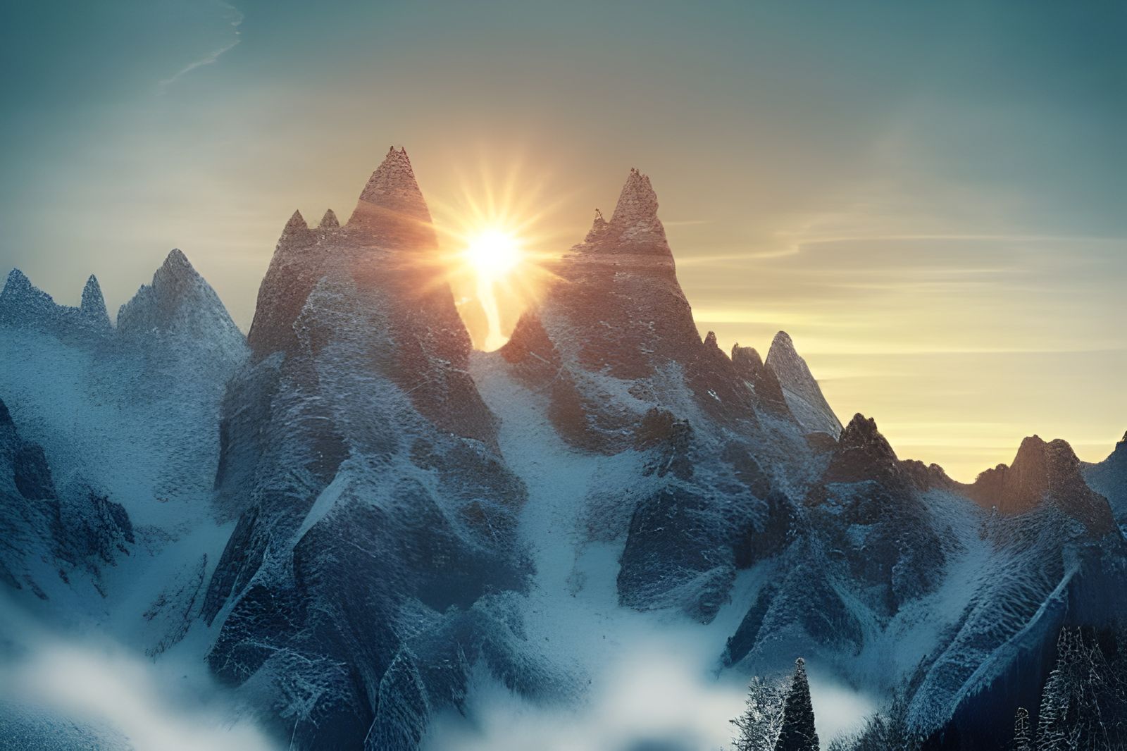 Epic Mountain Cabin Sunrise Digital Matte Painting