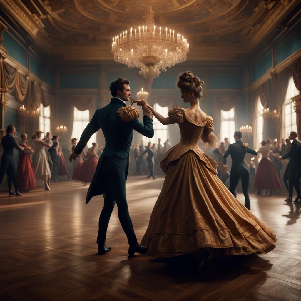 Clockwork People Dancing in Ballroom, Detailed Matte Paintin...