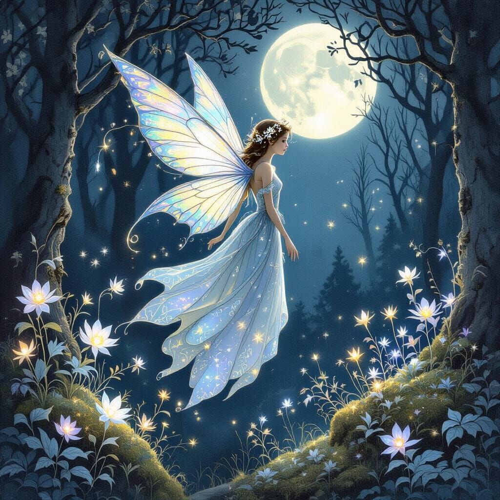 Night Fairy in Moonlit Forest, Whimsical Illustration Style