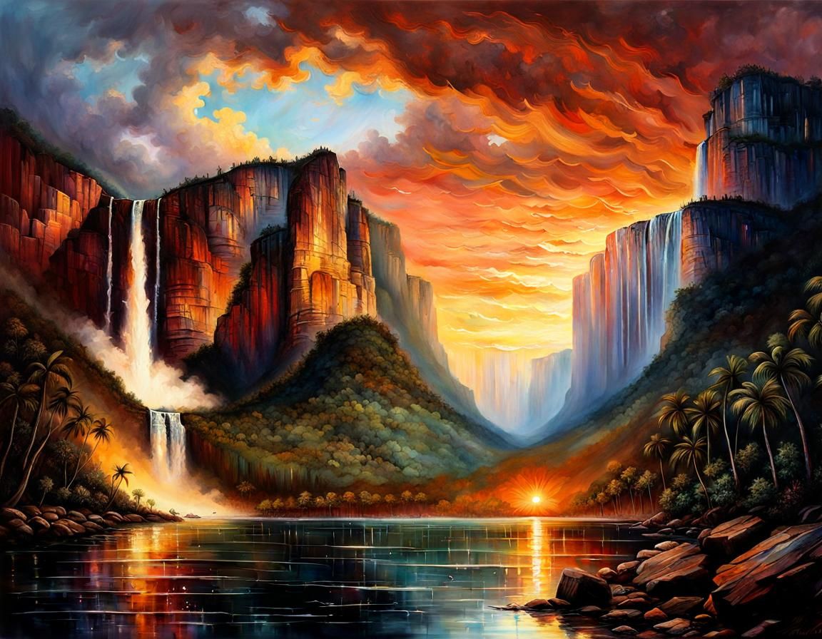 Angel Falls Sunset with Eagle in Hyperrealistic Style
