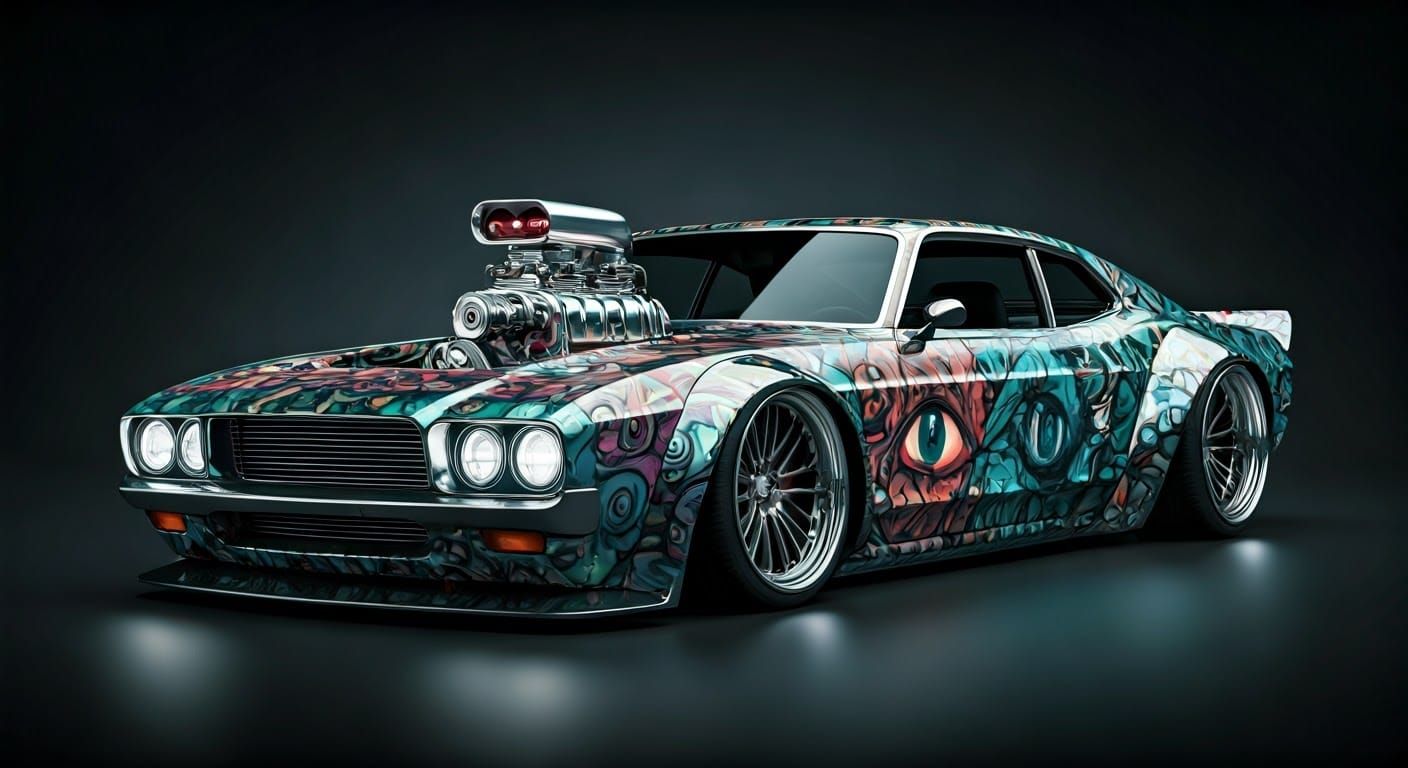 Futuristic Hot Rod Drift Car with Iridescent Paintwork and H...