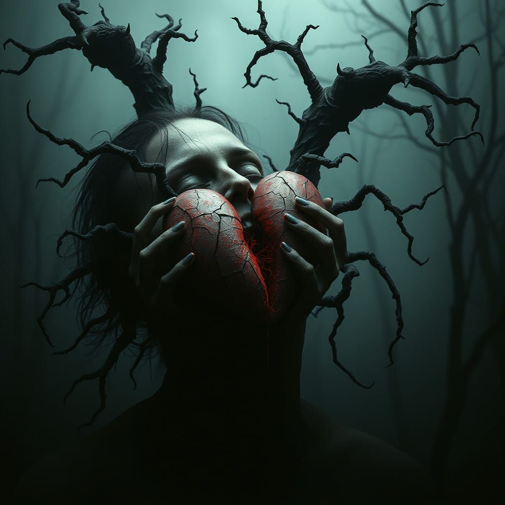 Surrealist Horror Scene with Muted Colors and Dark Emotions