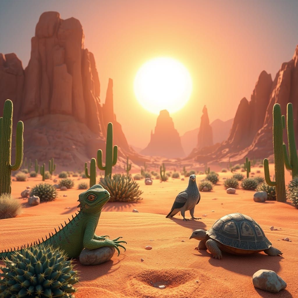 Majestic Desert Creatures Meditate in Vibrant, Sunlit Landsc...