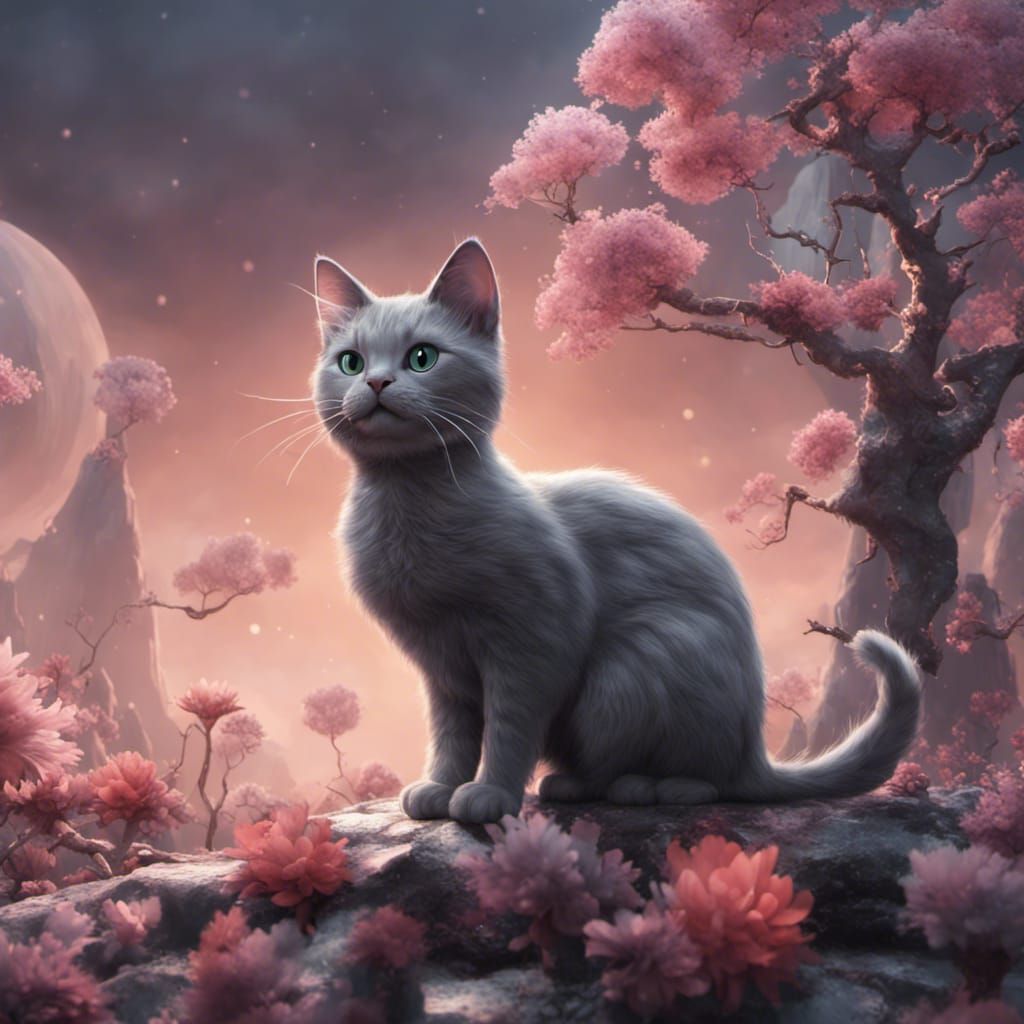 Grey Kawaii Cat in Detailed Fantasy Art