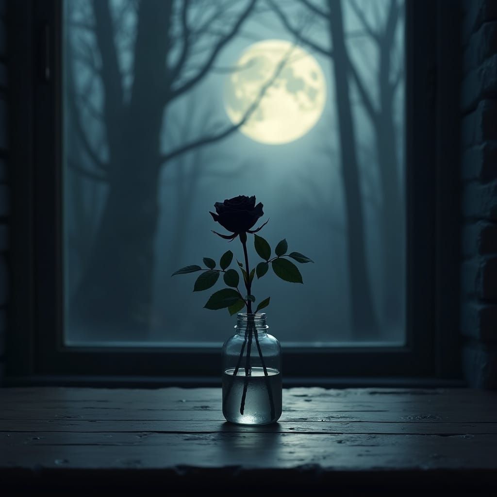 Dark Fantasy Rose in Jar Under Luminous Moon