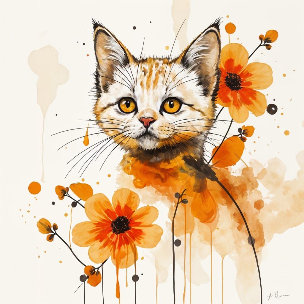 Abstract Kitten with Floral Elements in Alcohol Ink