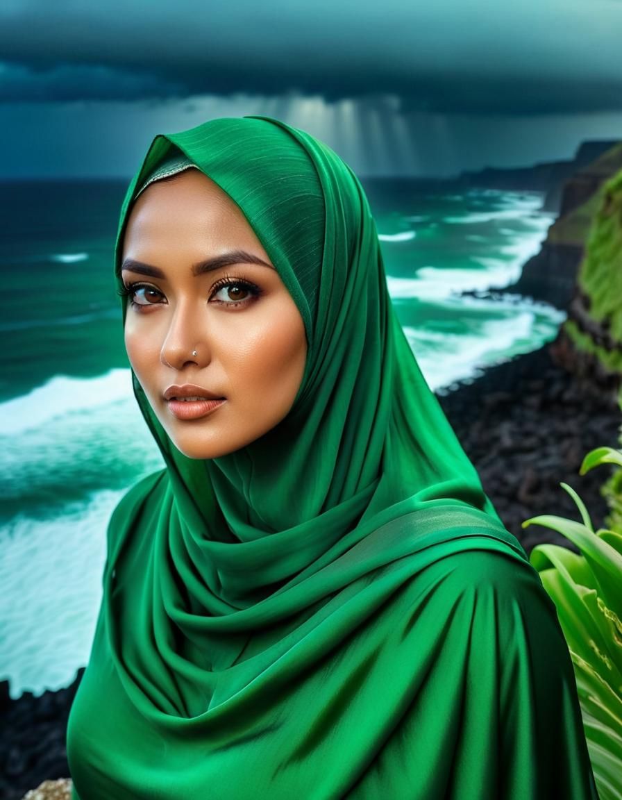 Indonesian Woman on Cliff Overlooking Stormy Sea