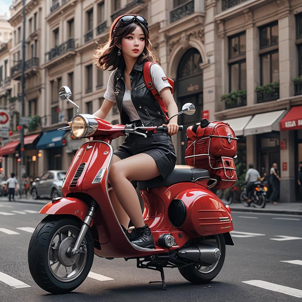 Anime Girl Rides Red Vespa Motorbike: 3D Art
