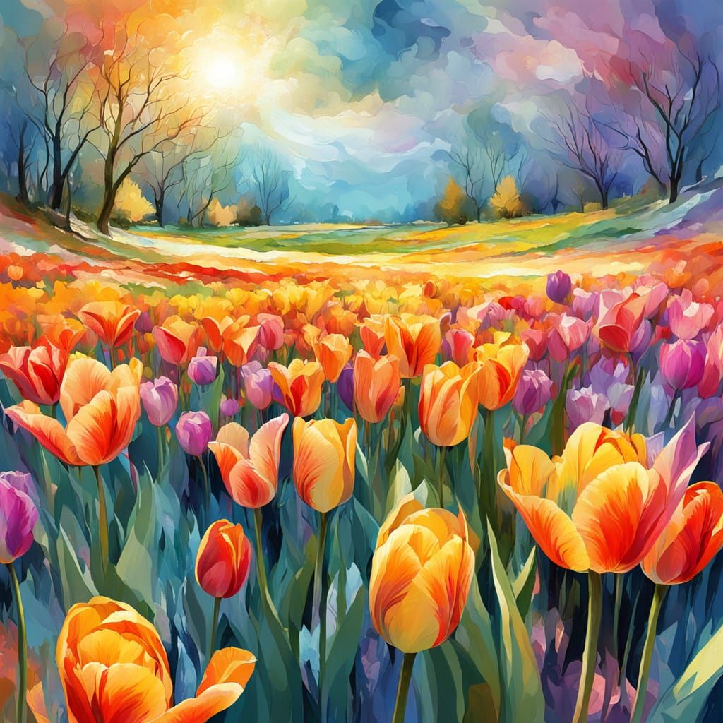 Abstract Spring Tulips in Digital Watercolor Illustration