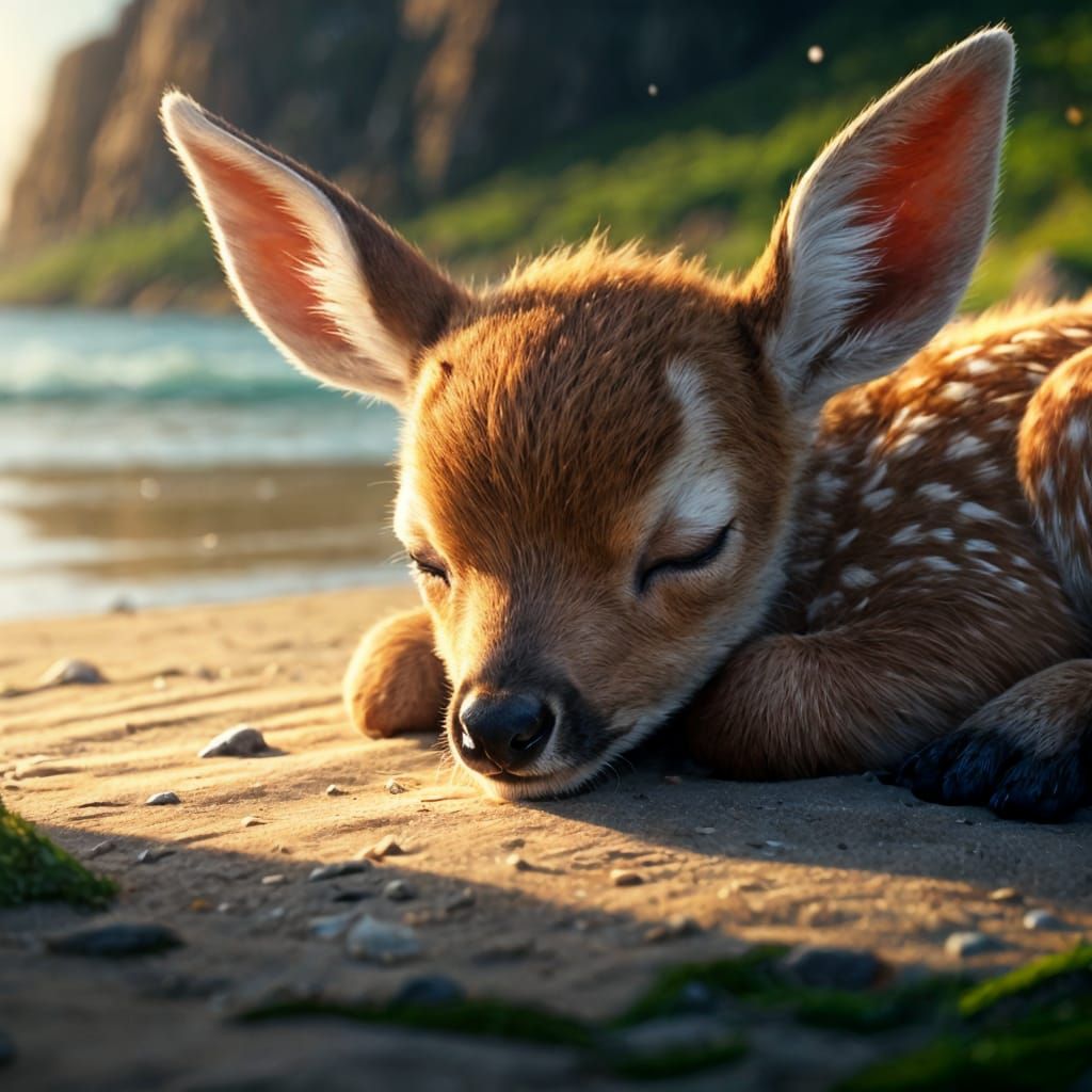 Baby Deer Sleeping on the Beach in 3D Anime Art