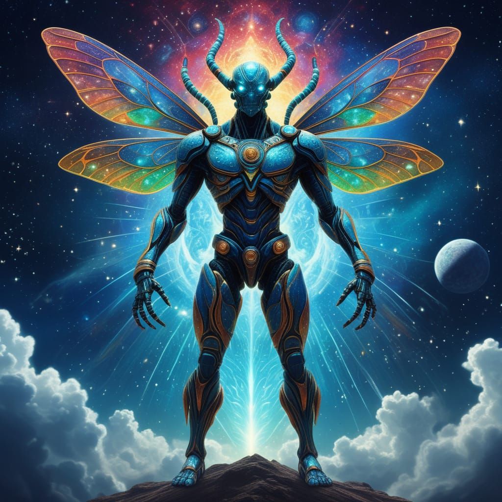 Insectoid Hero in Vibrant Cosmic Art