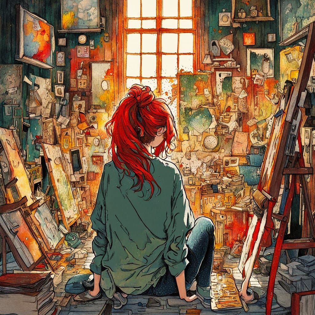 Anime-Inspired Girl in a Colorful Art Studio