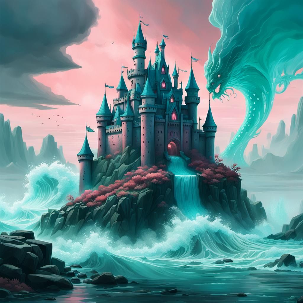 Teal and Rose Castle with Sea Monster, Fantasy Architecture