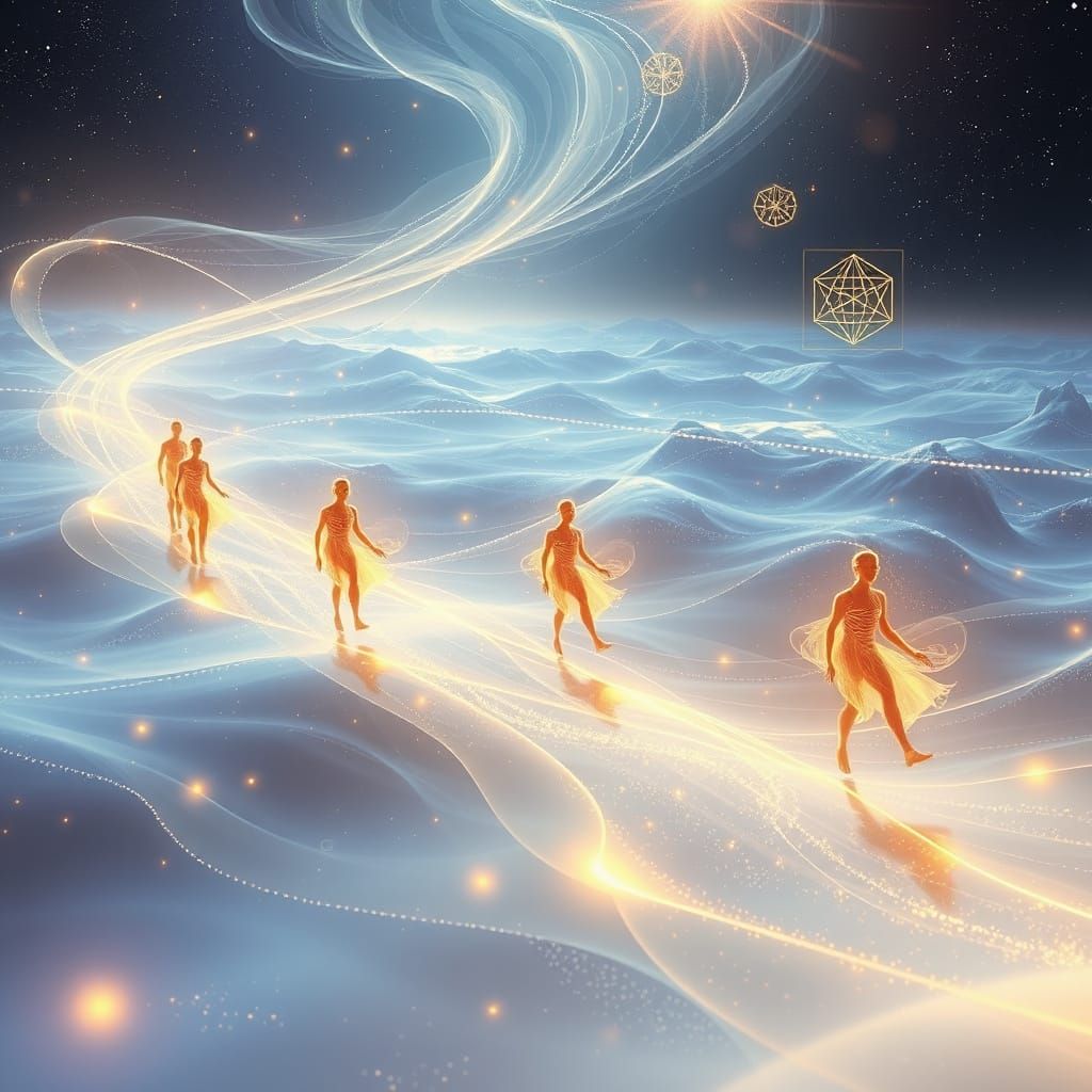 Ethereal Figures Ride Energy Currents in Luminous Expanse