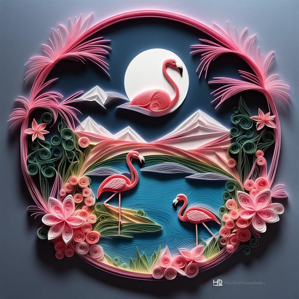 Paper Quilling Moonlit Mountain Lake with Flamingos