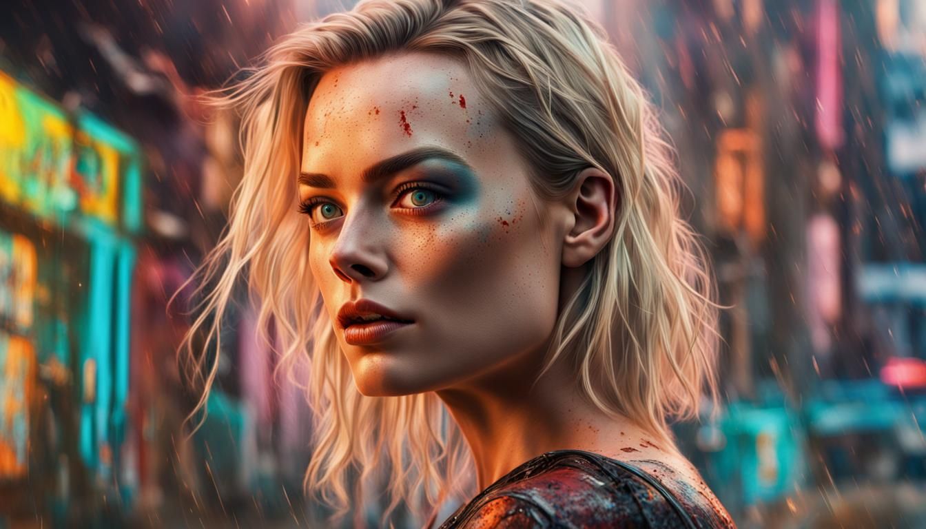 Margot Robbie as Mechatronic Warrior in Apocalyptic City