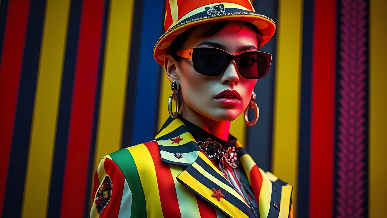 Vibrant Striped Fashion Ensemble in Avant-Garde Chic Style