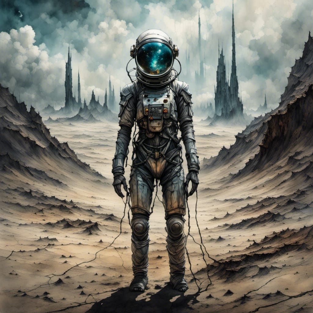 Futuristic Dark Android Astronaut Lost on Alien Planet