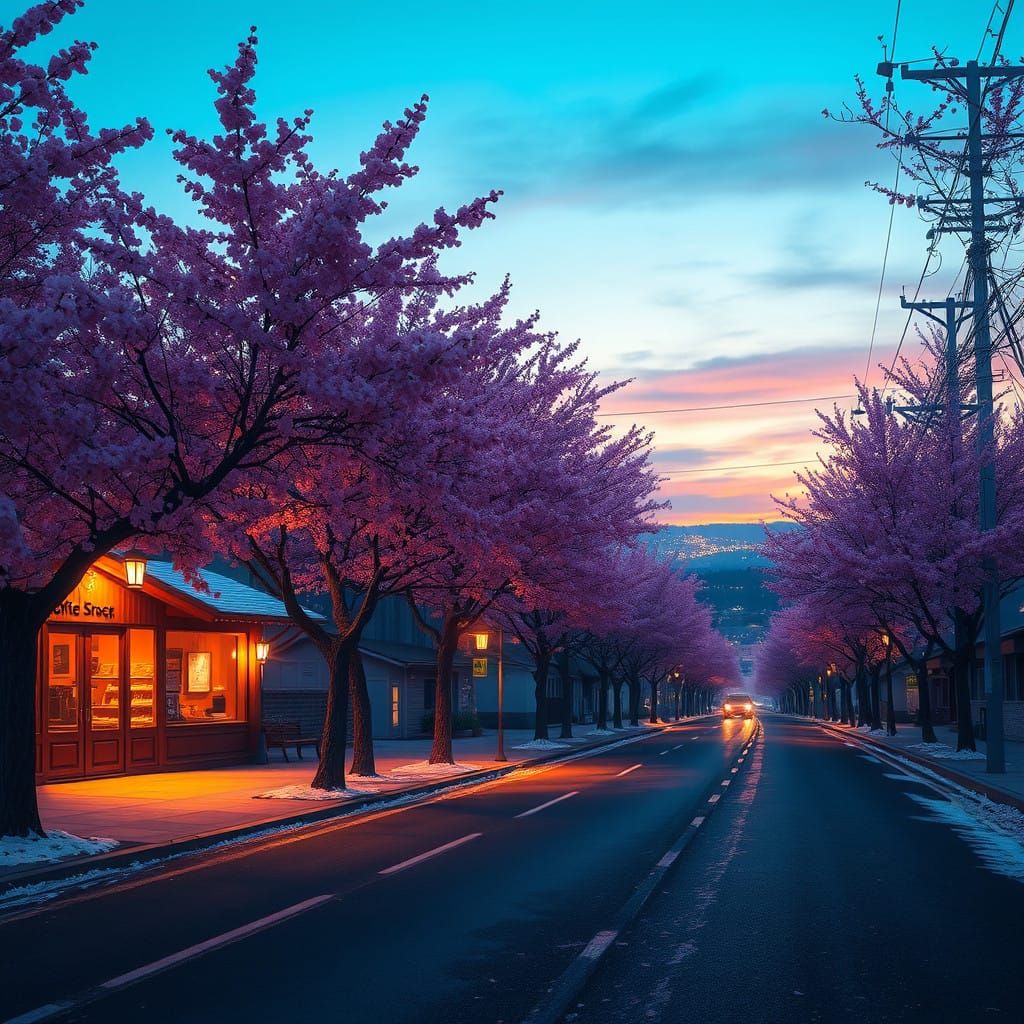 Serene Winter Cherry Blossom Scene in Dreamlike Style