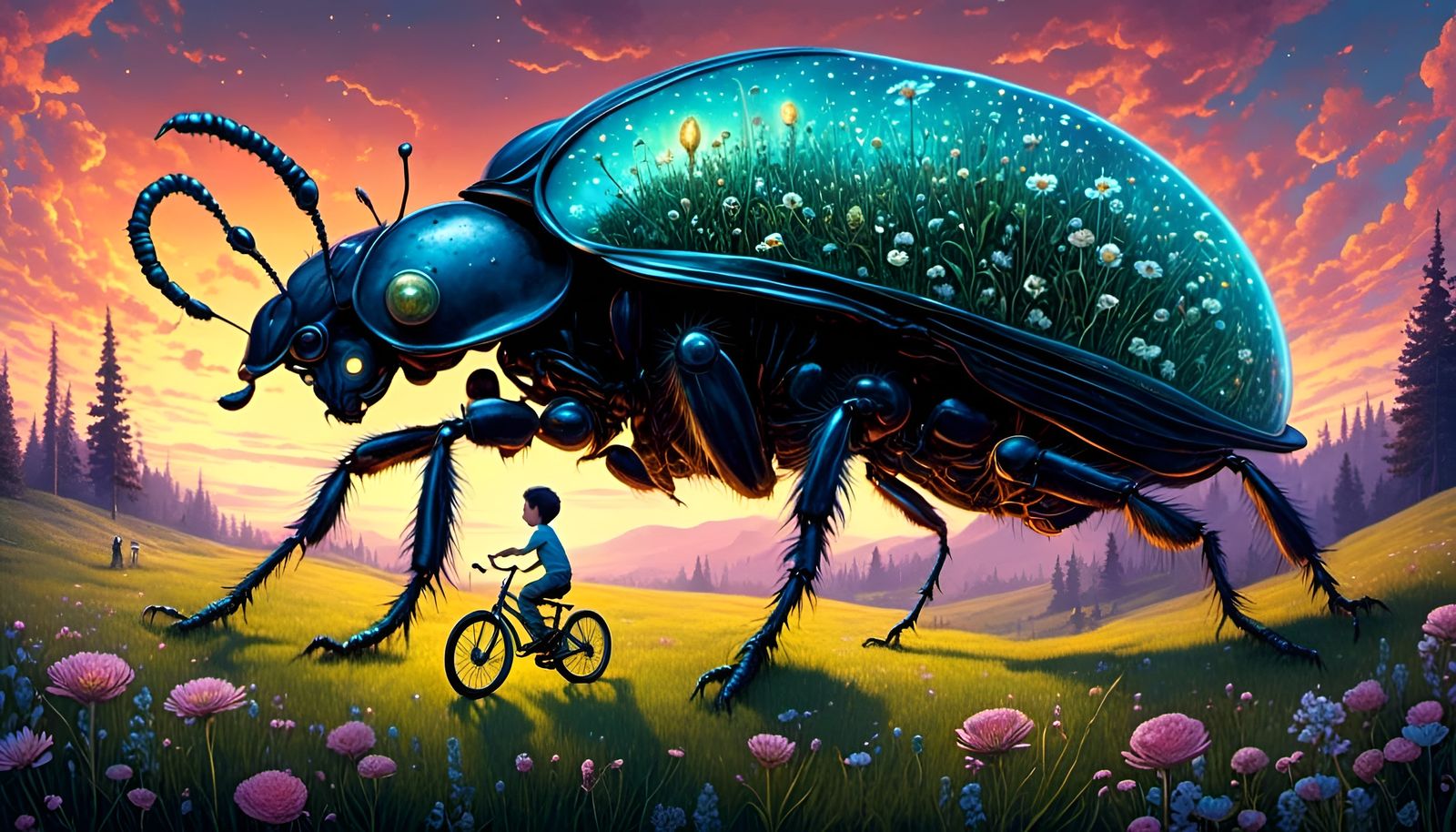Boy Rides Giant Glowing Beetle in Meadow
