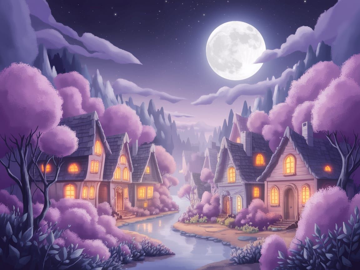 Whimsical Moonlit Village in Pastel Hues