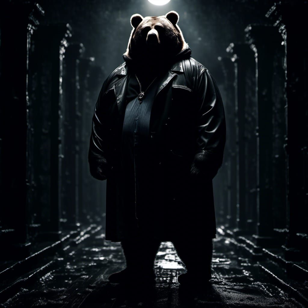 Gothic Bear in Trench Coat Under Moonlight