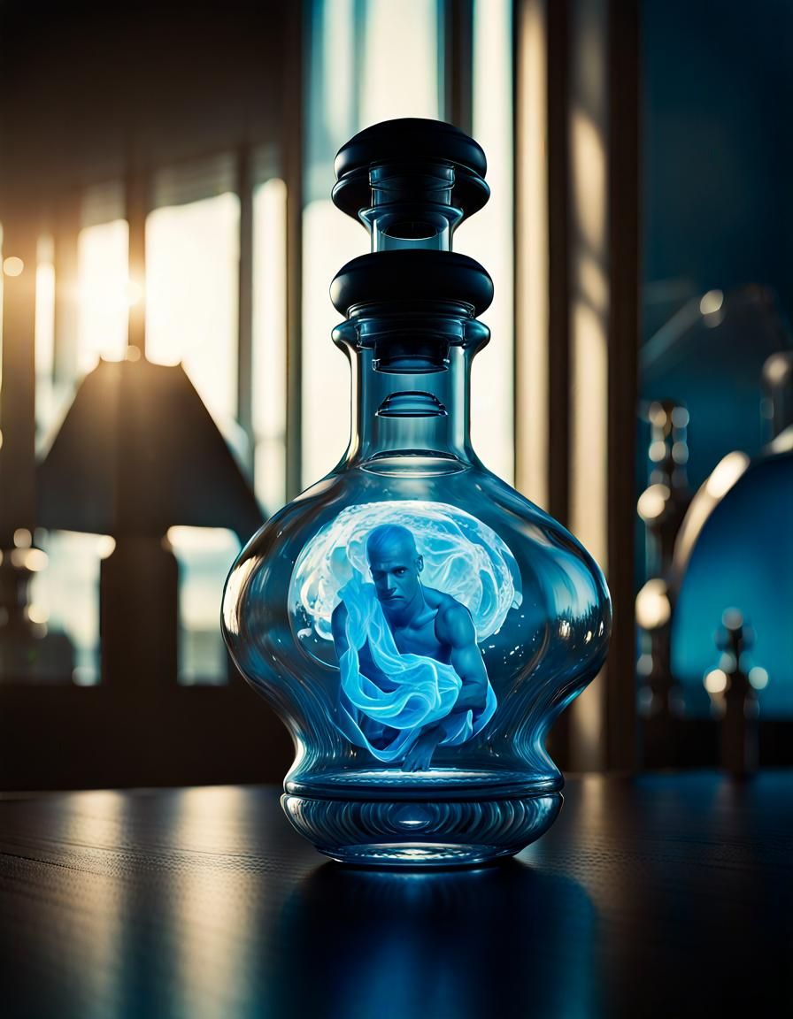 Luminescent Genie in a Bottle: Hyperrealistic Double Exposur...