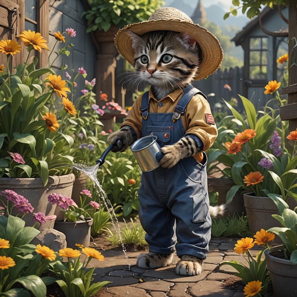 Kitten Gardener in Detailed Fantasy Art