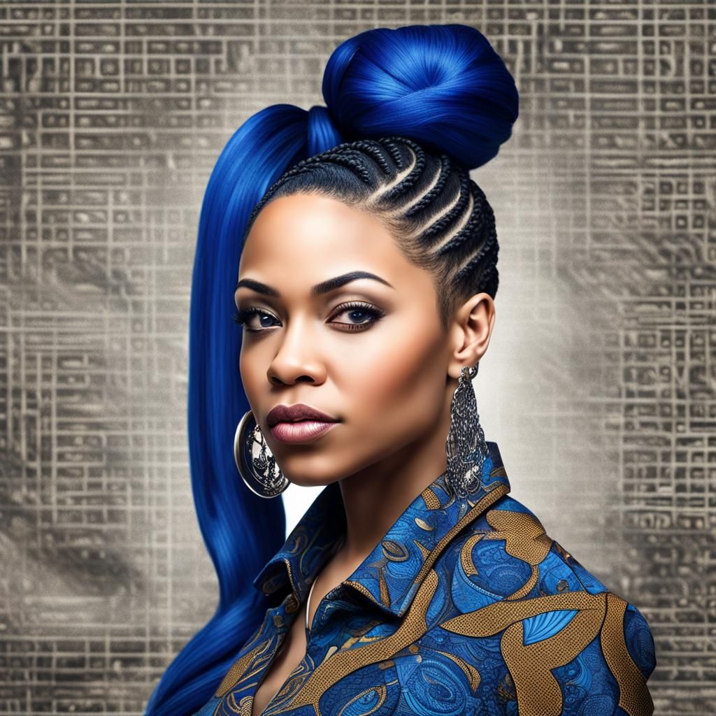 African American Woman with Blue Ponytail: Hyperrealistic Po...