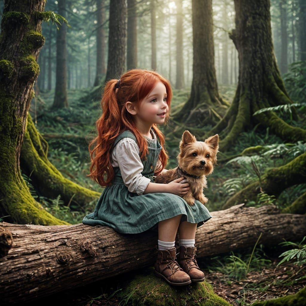Redhead Girl and Yorkie in Magical Forest